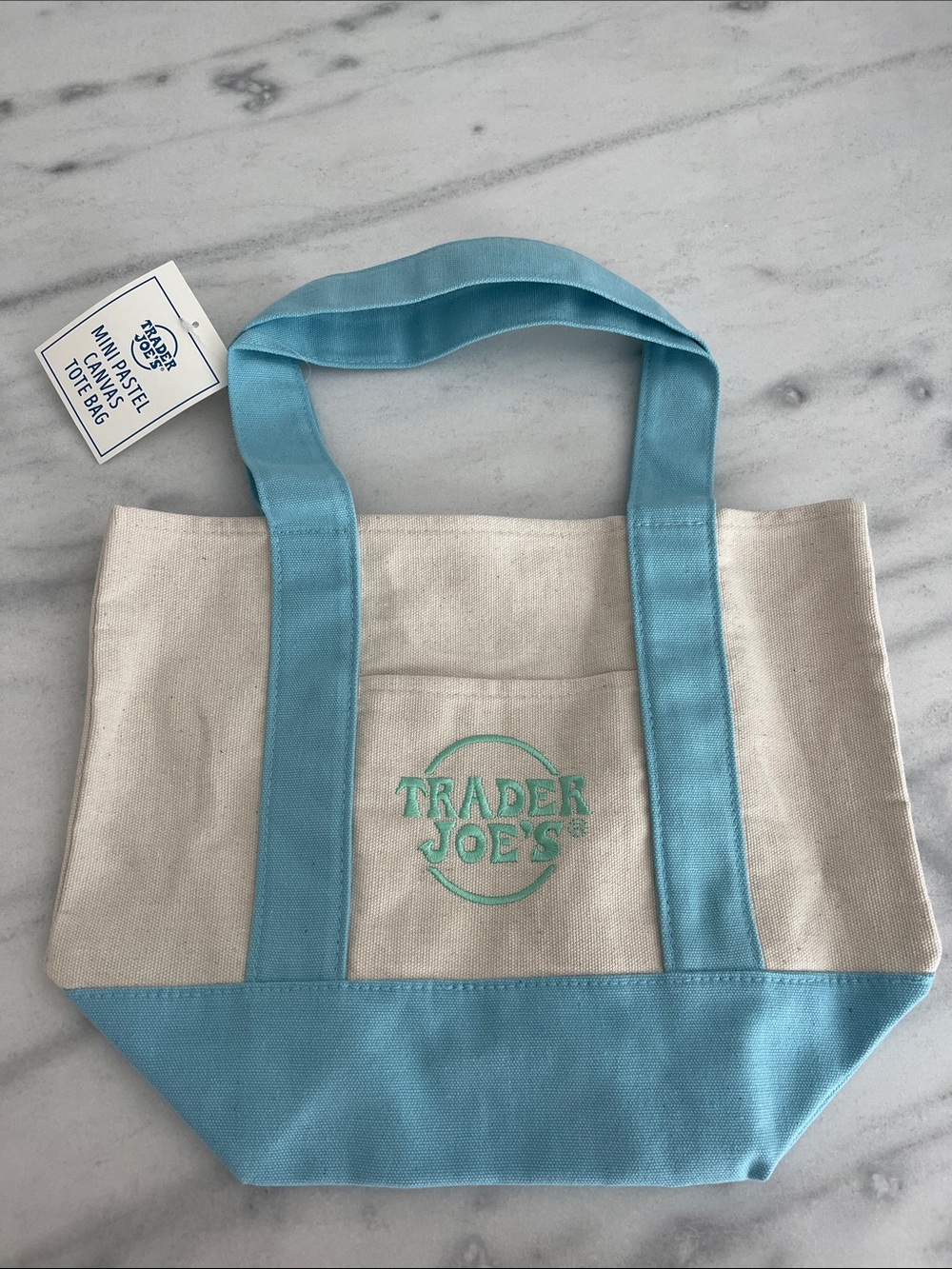 Trader Joe's Canvas Mini Tote Bag in Light Blue and Natural